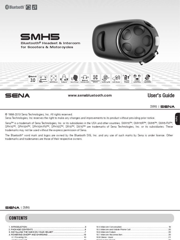 Sena SMH5v1.2User Guide Manual Bluetooth Battery Charger Free 30