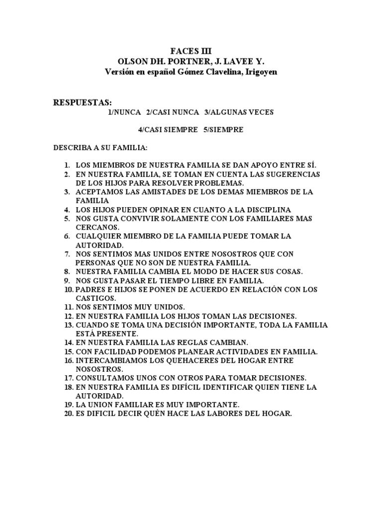 Evaluación de la Funcionalidad Familiar FACES III | PDF
