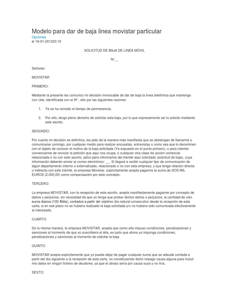Modelo Para Dar De Baja Linea Movistar Particular