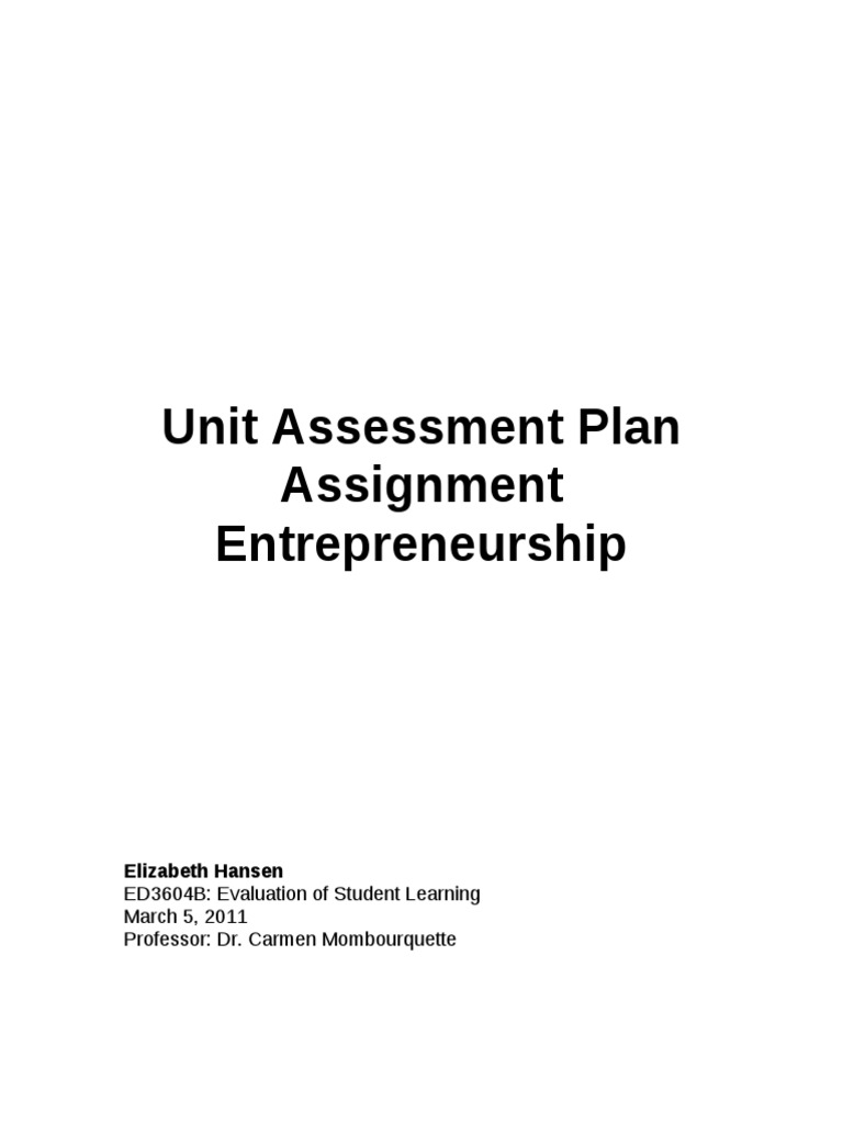 Unit Assessment Plan Assignment Entrepreneurship: Elizabeth Hansen ...