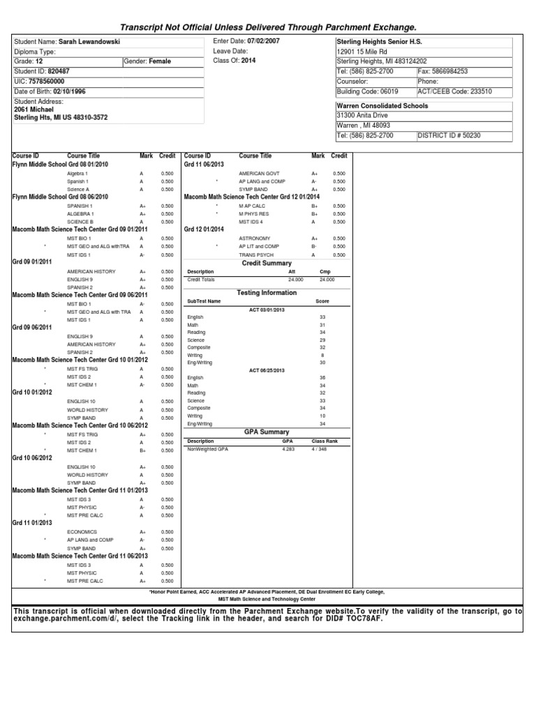 Sarah Lewandowski's High School Transcript | PDF | Educational Stages ...