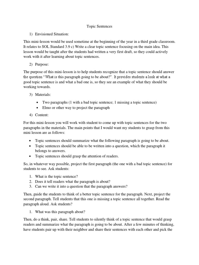 Mini Lesson Topic Sentences Paragraph Educational Psychology