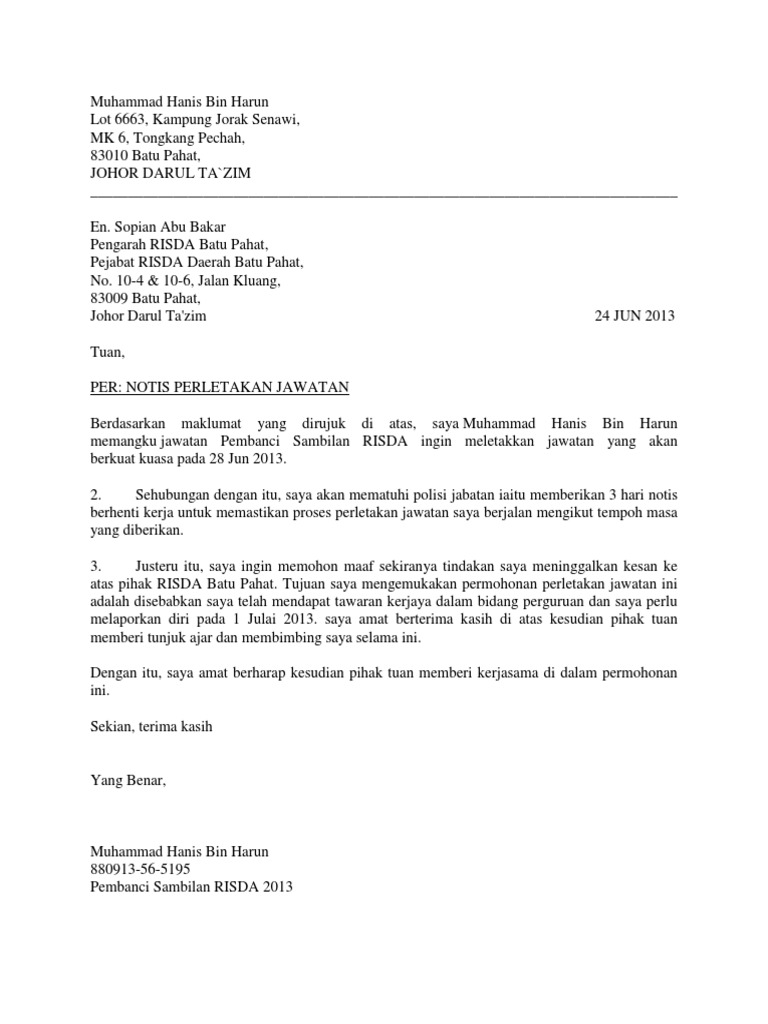 Contoh Surat Rasmi Letak Jawatan Pdf