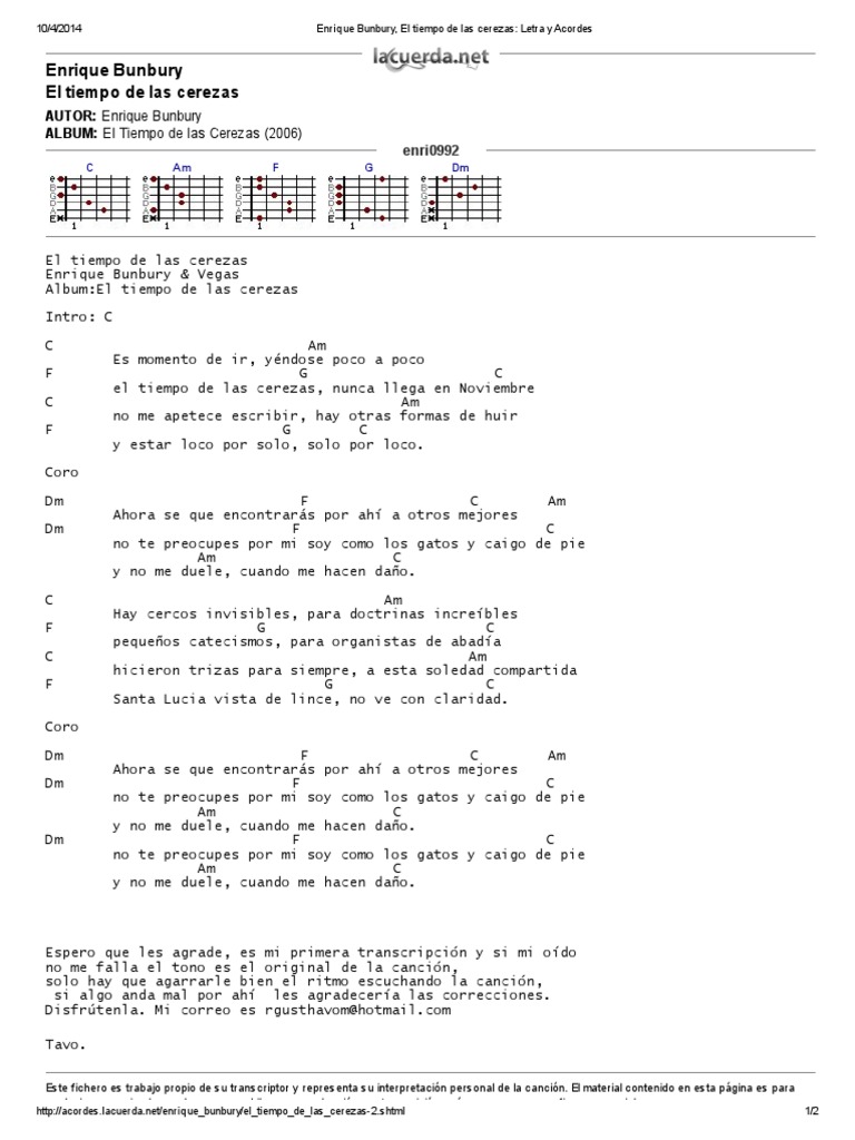 Enrique Bunbury El Tiempo De Las Cerezas Letra Y Acordes