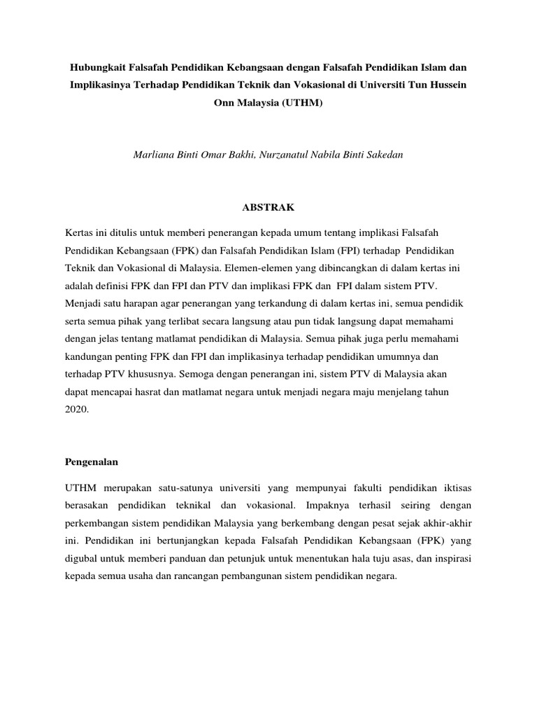 Hubungkait Falsafah Pendidikan Kebangsaan Dengan Falsafah Pendidikan Islam Dan Implikasinya Terhadap Pendidikan Teknik Dan Vokasional Di Universiti Tun Hussein Onn Malaysia Pdf