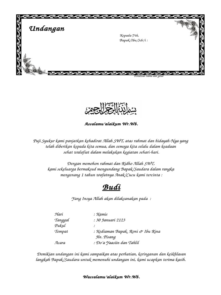 Contoh Surat Undangan Tahlil