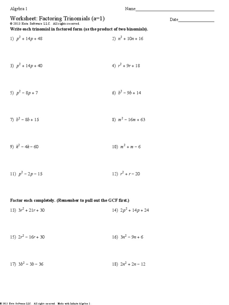 Factoring Trinomials  Homework Help: Infinite Algebra 5 With Factoring Trinomials Worksheet  Algebra 2