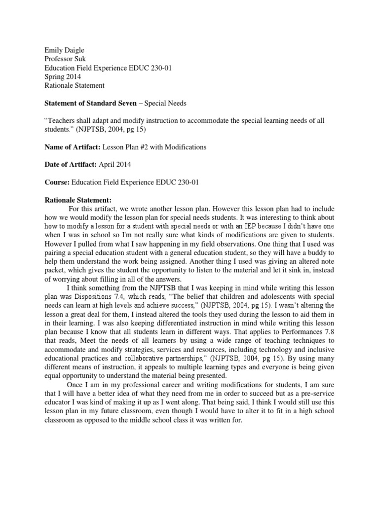 Rationale Statement Stnandard 7 PDF Lesson Plan Special Education