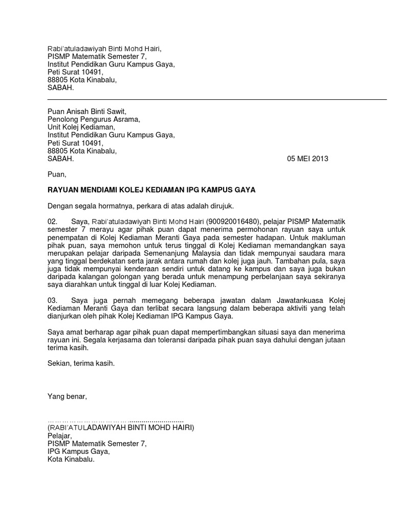 Surat Rayuan Asrama Pdf