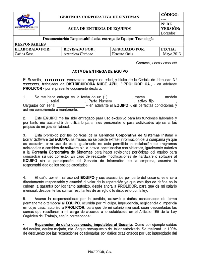 Acta de Entrega de Equipos Laborales | PDF | Software | Business