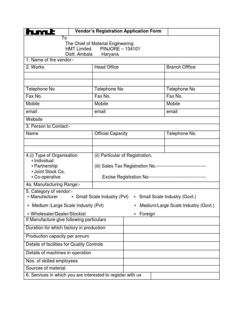 HMT Vendor Registration Form | PDF | Taxes | Government Finances