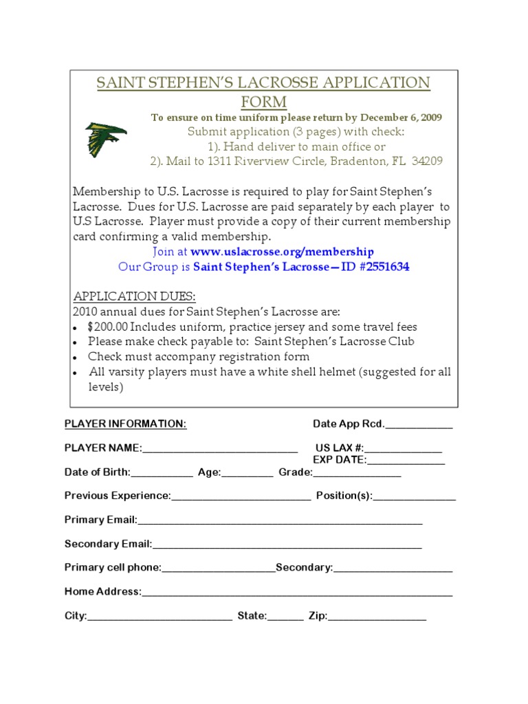 Saint Stephen'S Lacrosse Application Form PDF Social Institutions