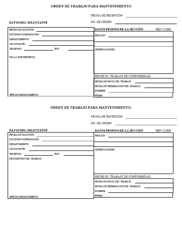 Orden de Trabajo para Mantenimiento | PDF