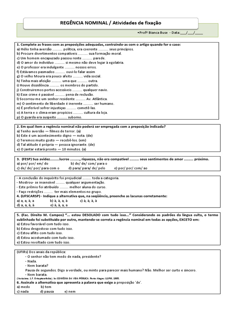 Exercícios de Regência Nominal para 8º e 9º Ano | PDF | Amor | Science