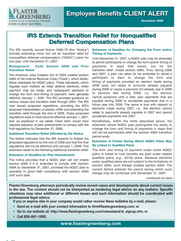 IRS Extends Transition Relief For Nonqualified Deferred Compensation