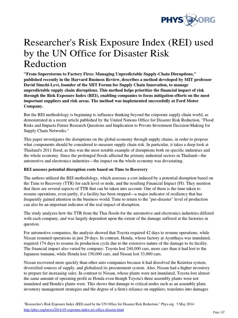 Researcher's Risk Exposure Index (REI) Used by The UN Office For ...