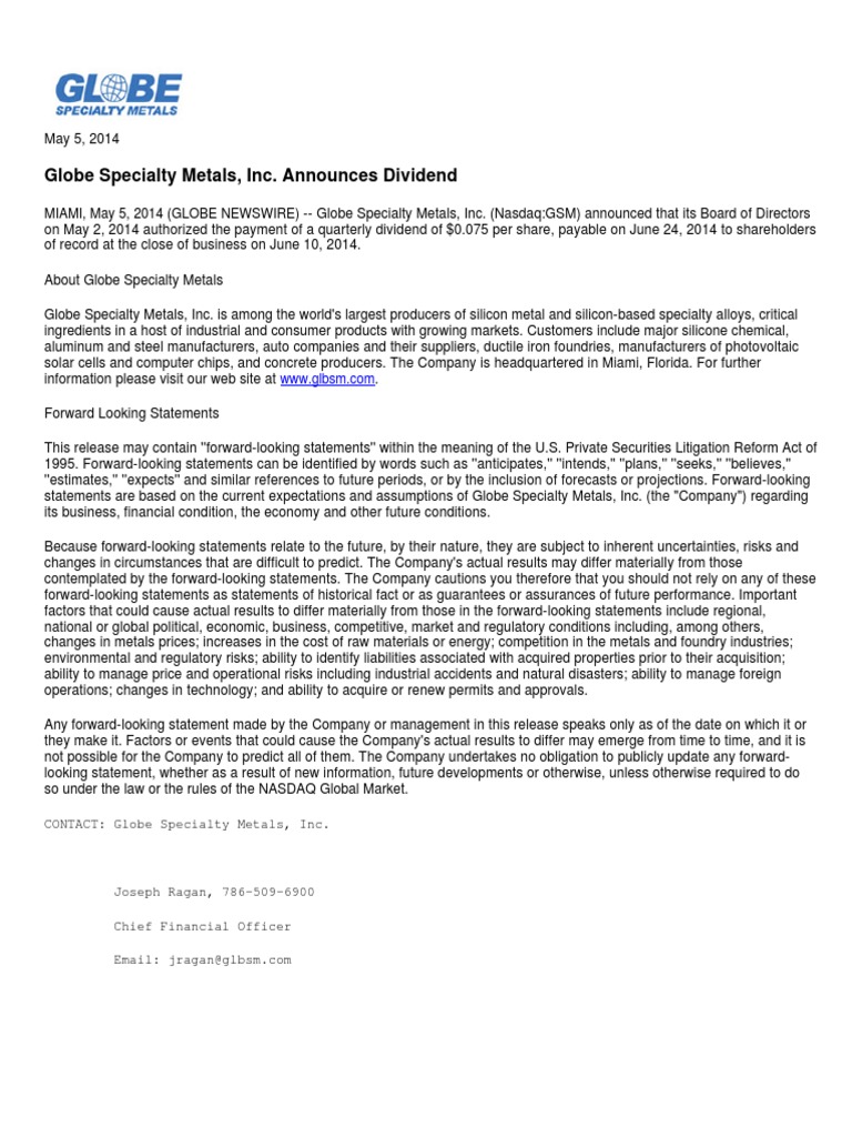 Globe Specialty Metals, Inc. Announces Dividend PDF Risk Metals