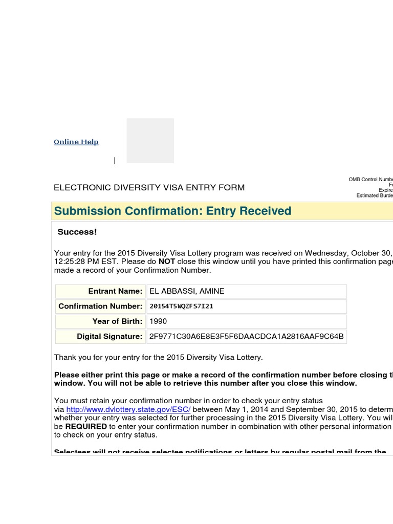 Diversity Visa Lottery Entry Confirmation | PDF | Travel Visa ...
