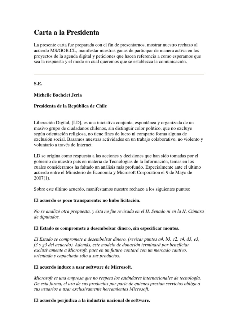 Carta de rechazo al acuerdo Microsoft / Chile  Microsoft  Chile