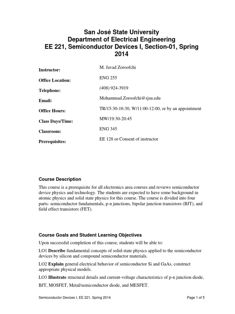 Syllabus for Semiconductor Devices I (EE 221), Spring 2014 at San José ...