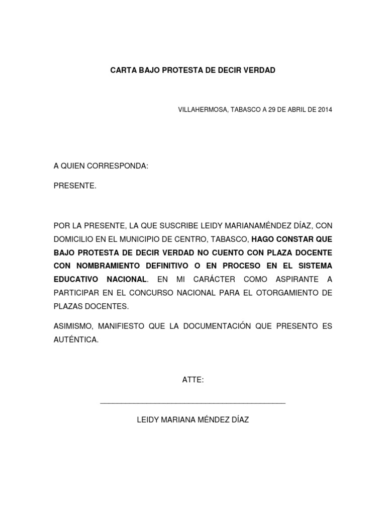 Carta bajo protesta de decir verdad | PDF | Ciencias sociales | Derecho