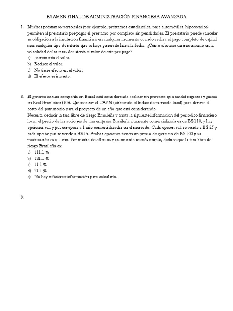 Examen Final de Finanzas Avanzadas | PDF