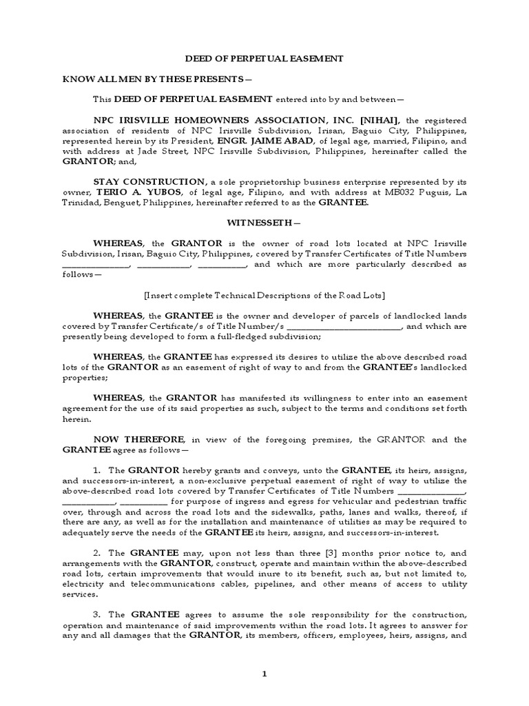 Sample Deed of Perpetual Easement Equitable Remedy Equity (Law)