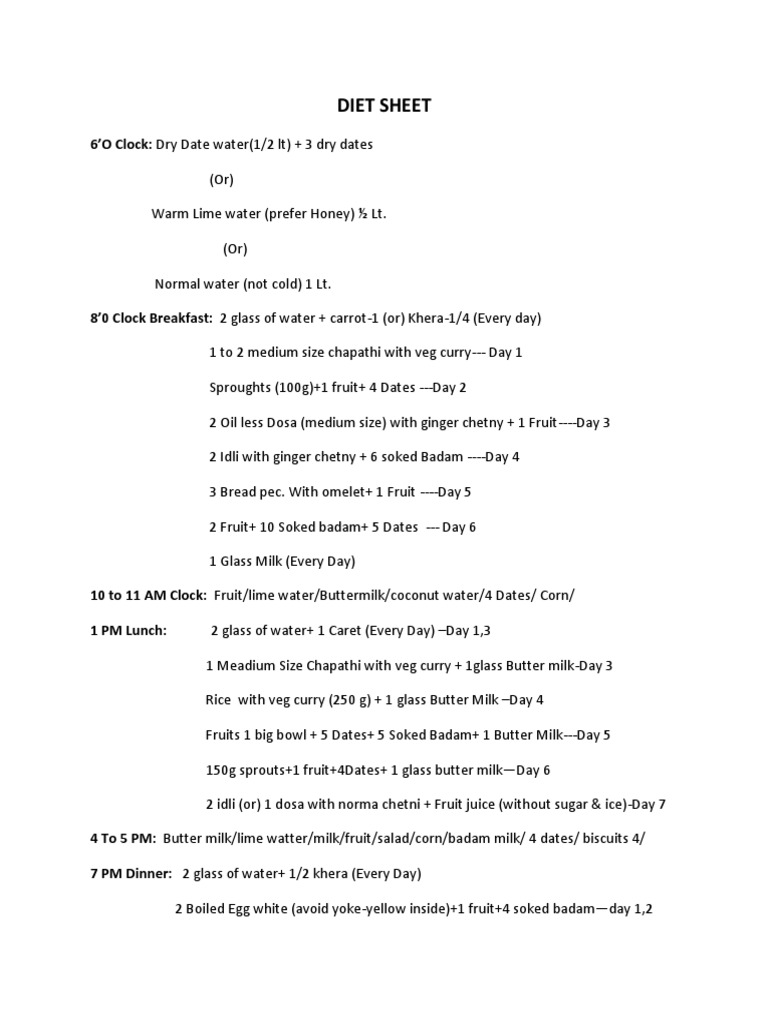 Diet Sheet PDF Food And Drink Foods