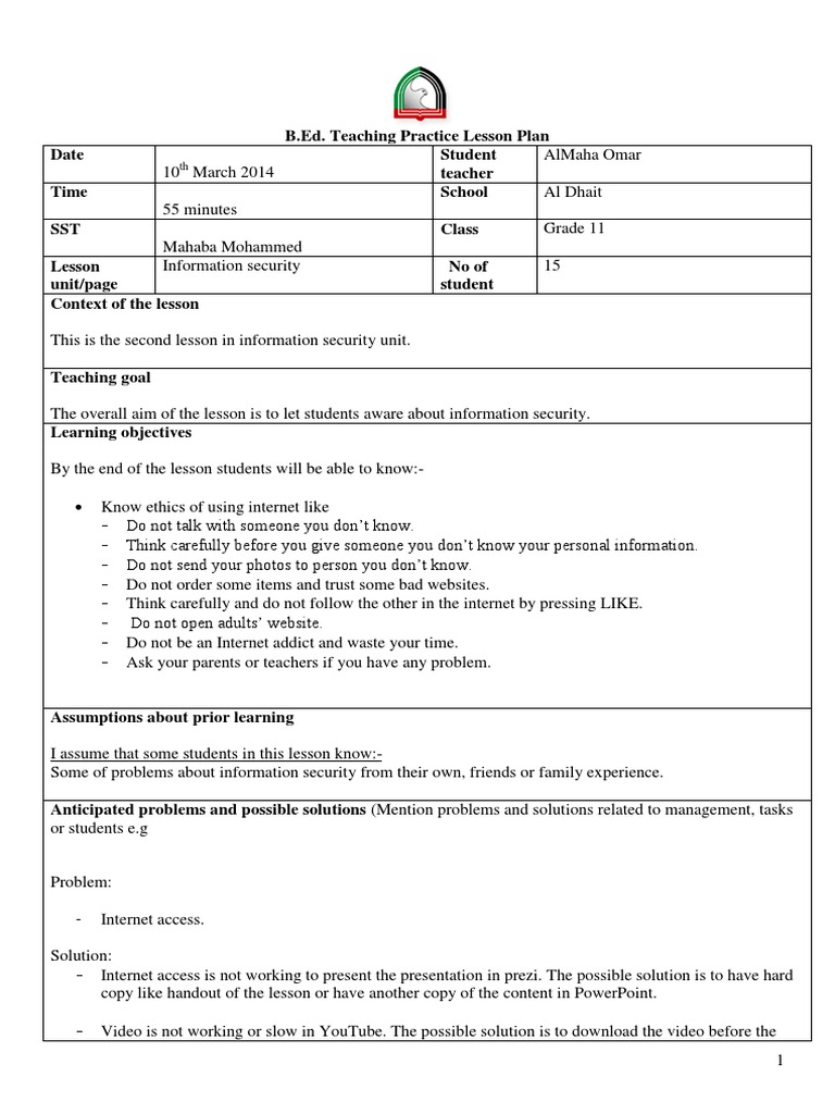 Information Security Lesson Plan PDF Lesson Plan Education Theory