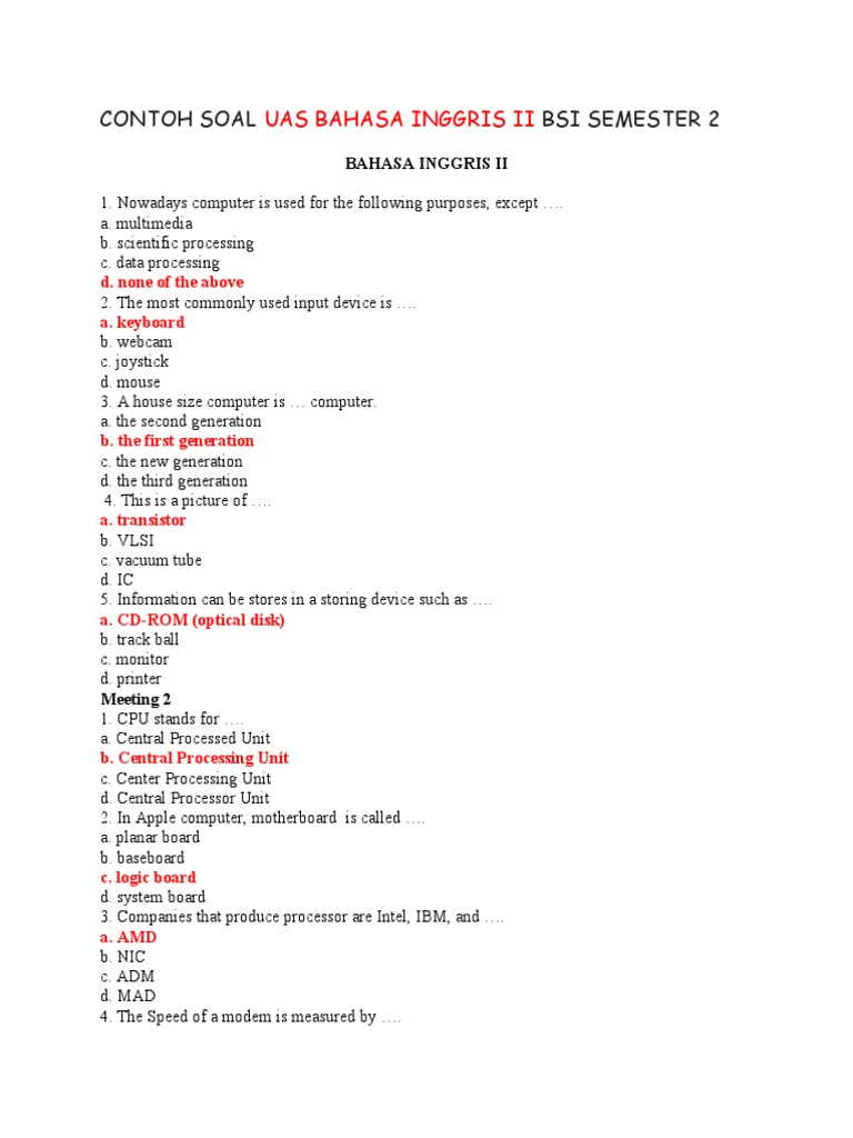 Contoh Soal Uas Bahasa Inggris II Bsi Semester 2
