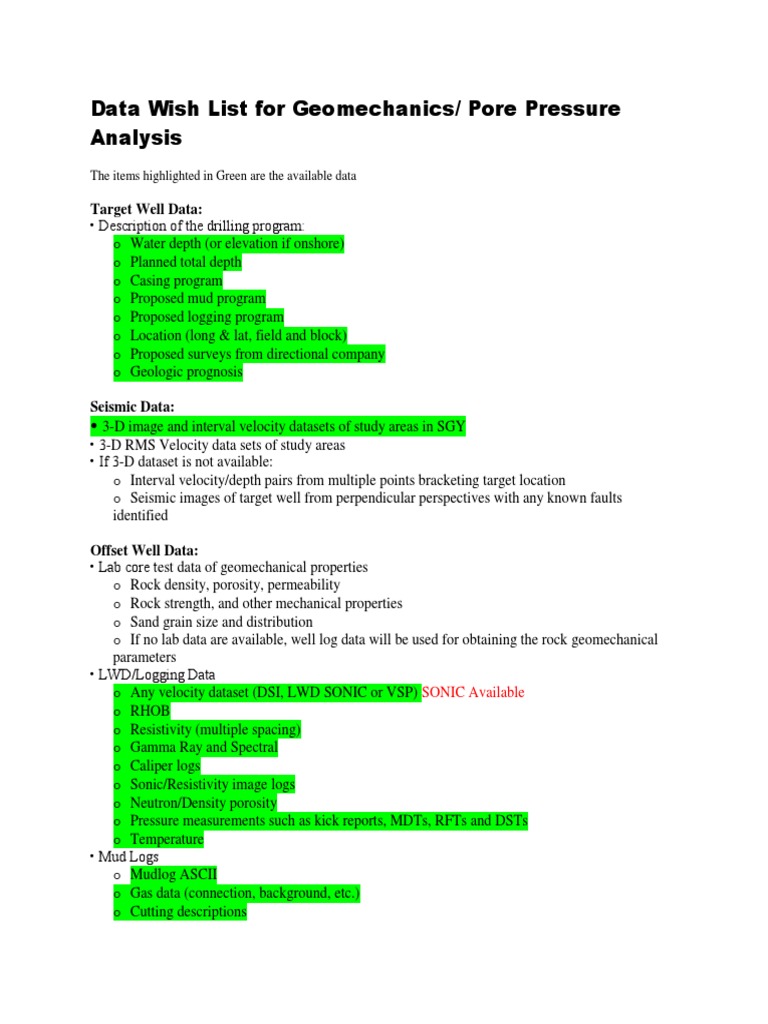 Available Data For Geomechanics Pore Pressure Analysis | PDF | Teaching ...