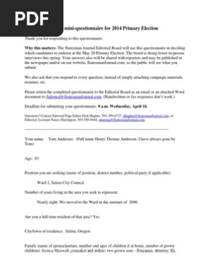 Salem City Council Ward 2: Tom Andersen