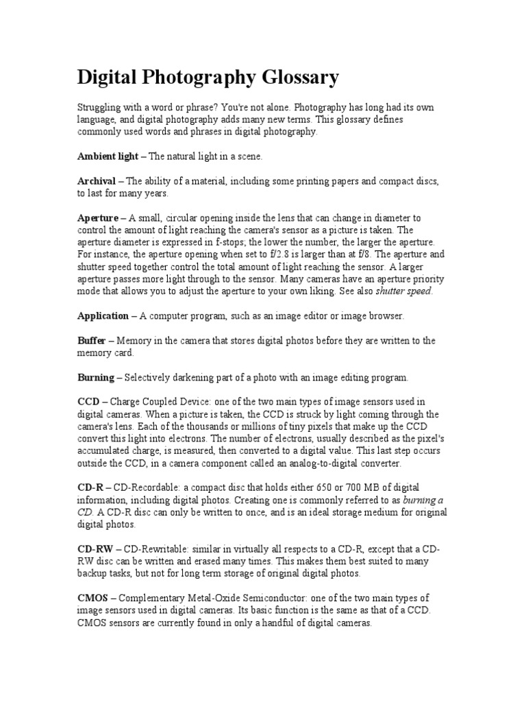 Digital Photography Glossary PDF Digital Photography Digital Camera