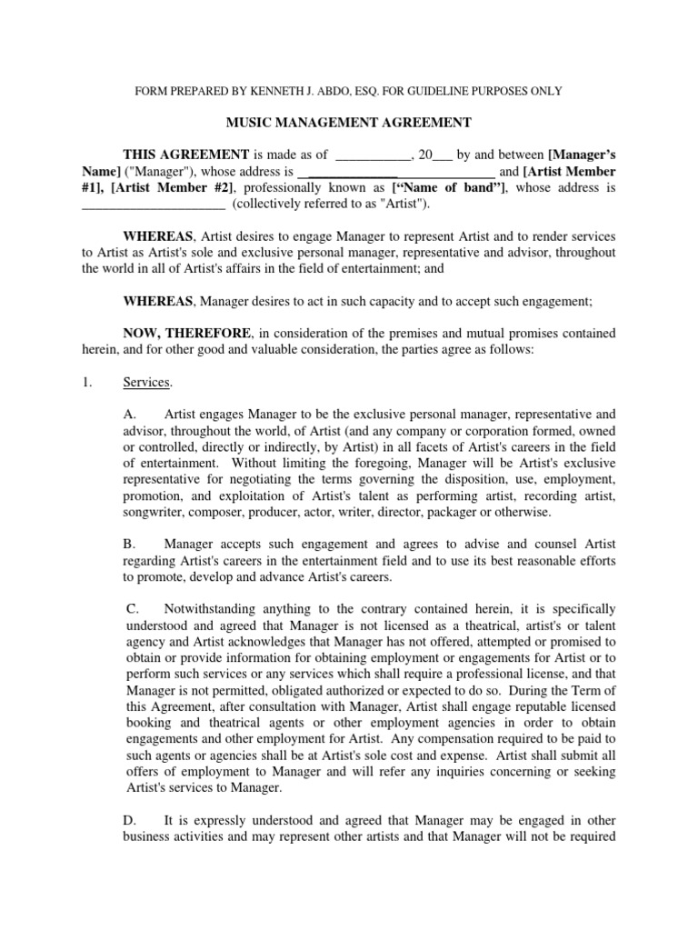 Artist Management Agreement Indemnity Tax Deduction