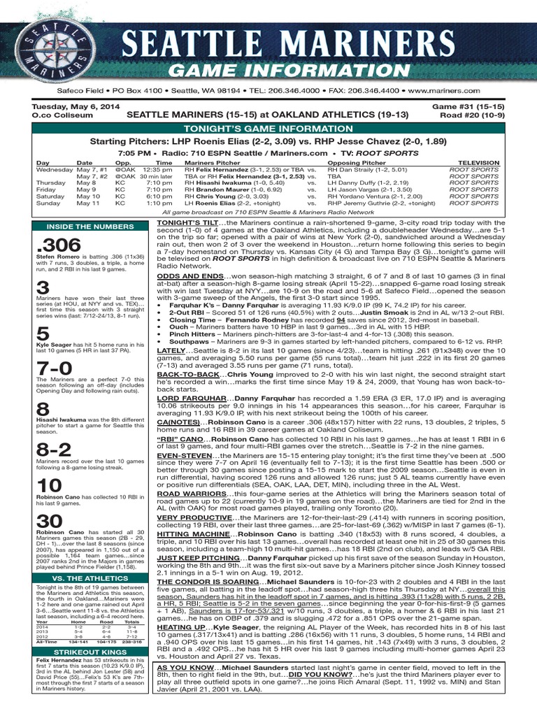 Mariners Game Notes vs. Athletics | PDF | Home Run | New York Yankees