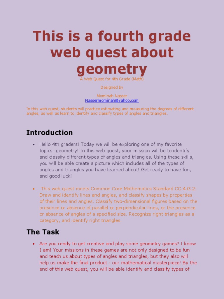4th Grade Geometry Web Quest | PDF | Triangle | Angle