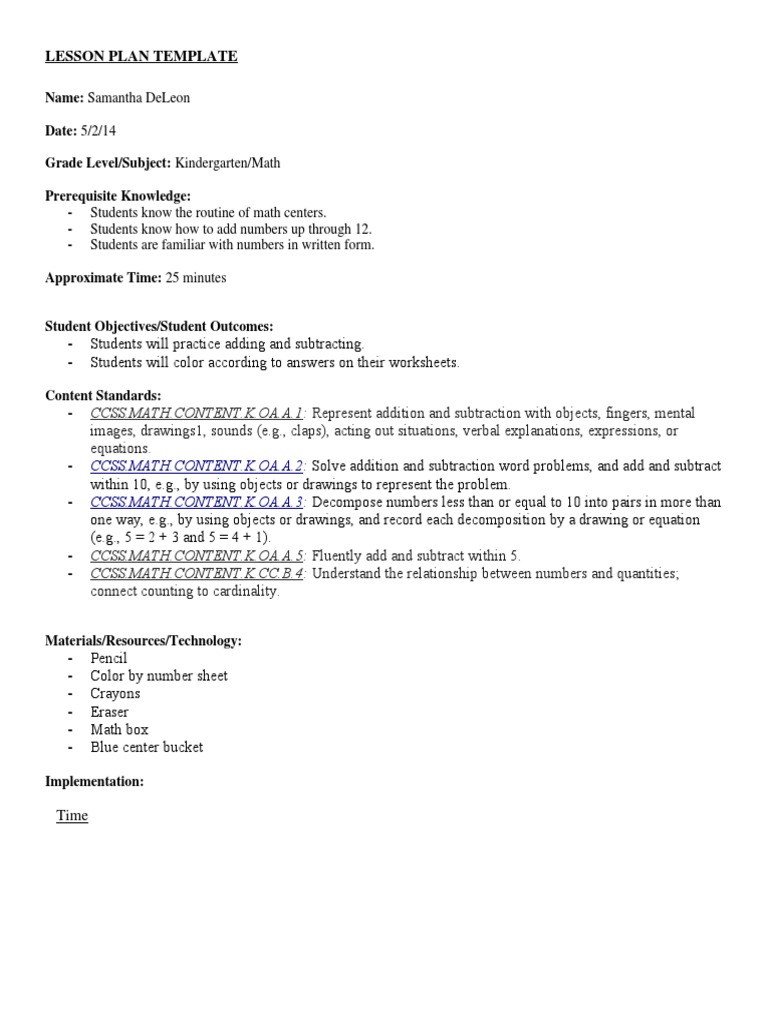 Kindergarten Math Lesson Plan Template | PDF | Teaching | Teaching ...