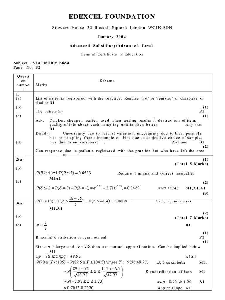 Edexcel Statistics S2 Exam Paper 2004 | PDF | Statistics | Teaching ...