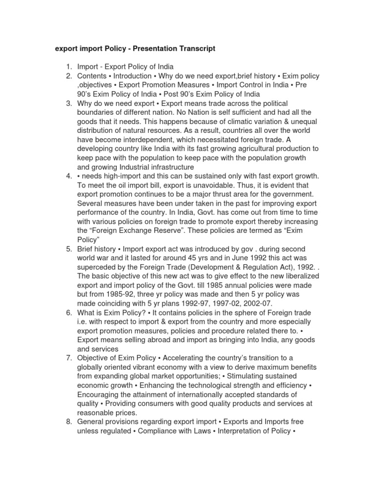 Export Import Policy - Presentation Transcript | PDF | Exports | Trade