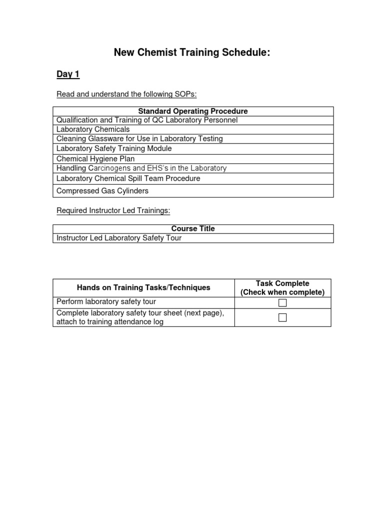 New Chemist Training Schedule Spectrophotometry Laboratories