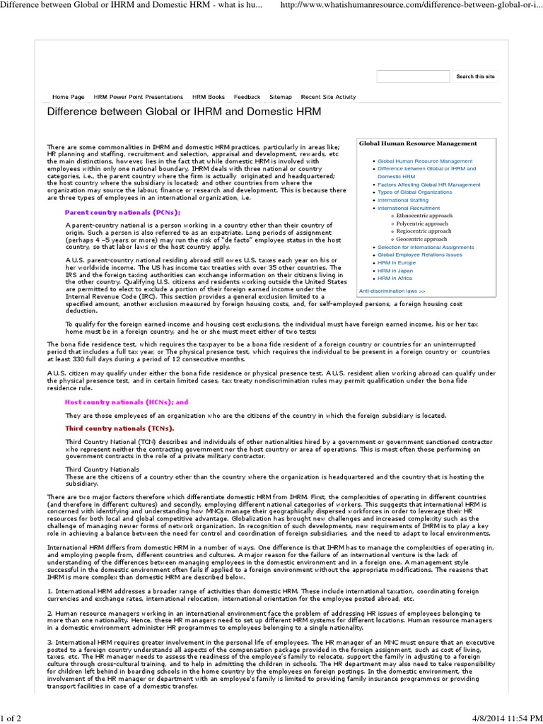 Global vs. Domestic HRM Differences | PDF | Human Resource Management ...
