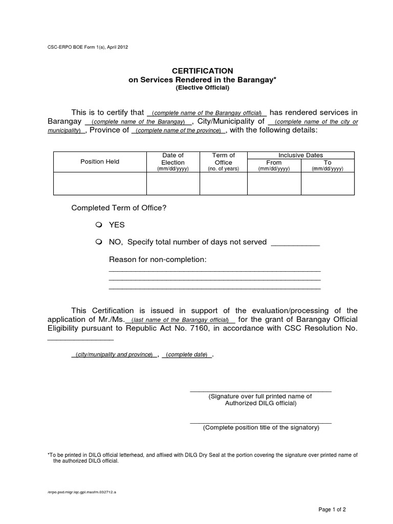 Certification of Barangay Official Services | PDF | Government ...