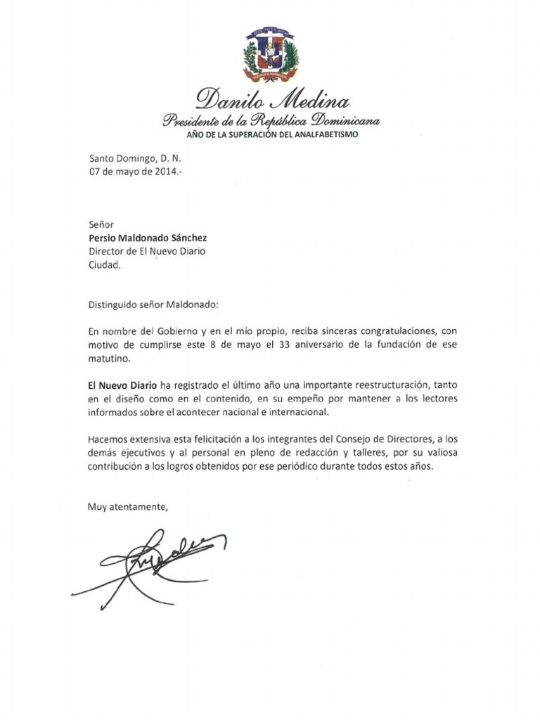 Carta de Felicitación Por 33 Aniversario Del Periódico El Nuevo Diario | PDF