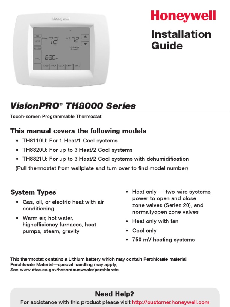 Honeywell VisionPro 8000 Install Instructions Thermostat