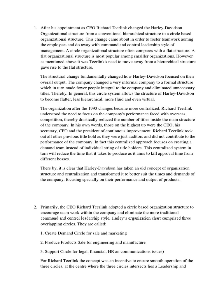 Harley Davidson Case Study PDF Organizational Structure Harley