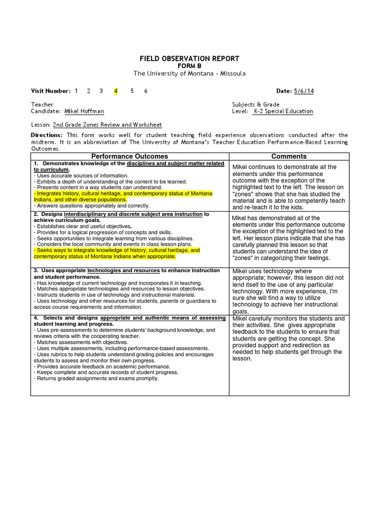 Field Observation Report for Mikel Hoffman | PDF | Educational ...