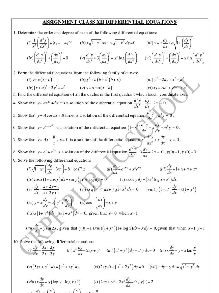Class XII Differential Equations Assignment | PDF