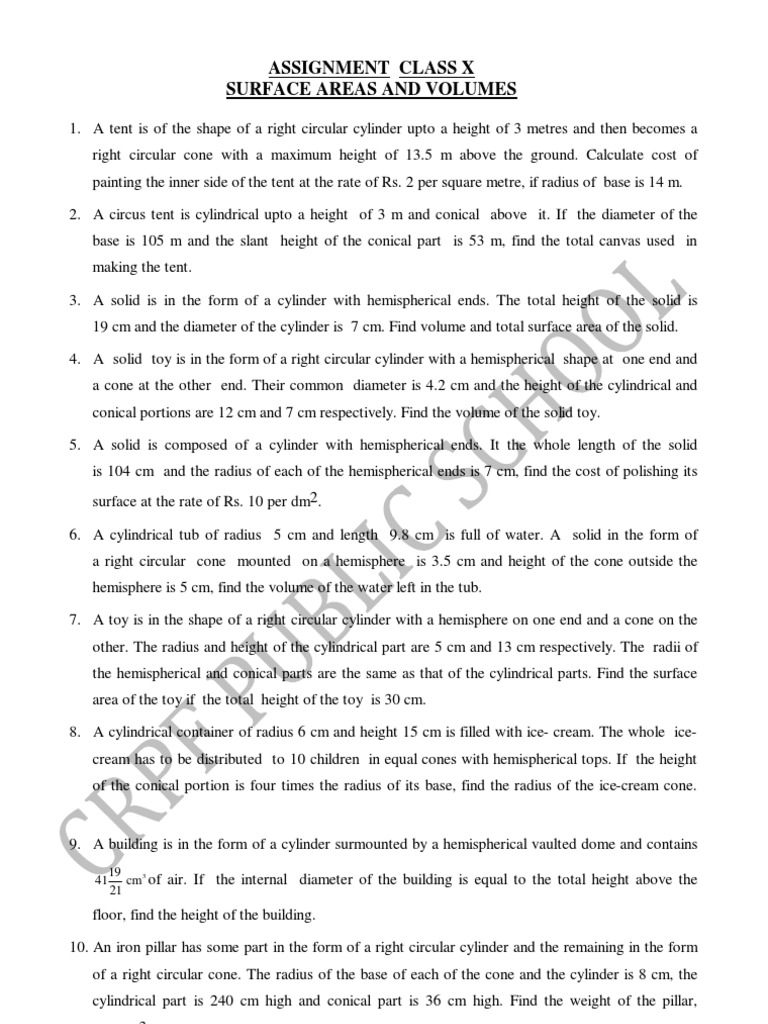 Class 10 Surface Area & Volume Assignment | PDF | Sphere | Volume