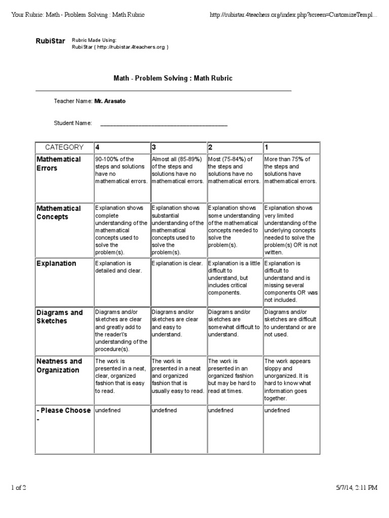 rubric for math writing assignment