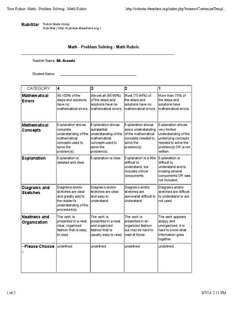 math problem solving rubric grade 4